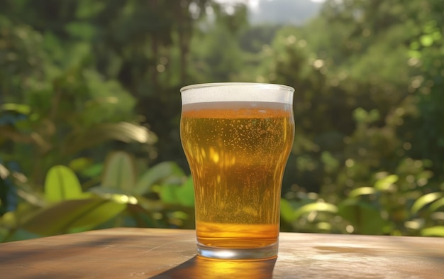 A glass of lager beer on a table on a jungle background fresh light beer illustration ai generated