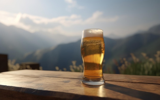 A glass of lager beer on a table on a mountain background fresh light beer illustration ai generated