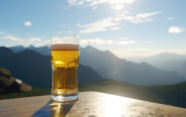 山を背景にテーブルの上に置かれたラガービールのグラス 新鮮な軽いビール イラスト ai 生成