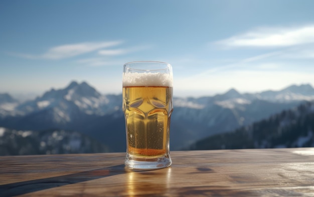 산을 배경으로 탁자 위에 놓인 라거 맥주 한 잔 신선한 라이트 맥주 일러스트 ai 생성