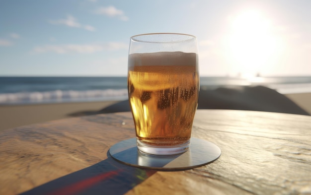 A glass of lager beer on table on a summer beach bar background light beer illustration ai generated