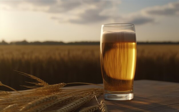 A glass of lager beer on a table on a wheat field background light beer illustration ai generated