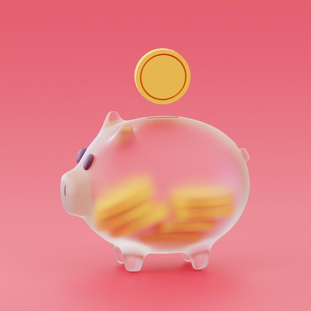 Photo glass large piggy bank with coin inside saving or save money or open a bank deposit concept on red background 3d rendering