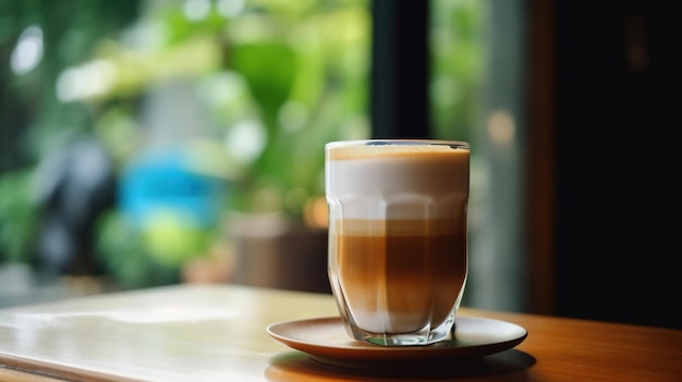 A glass of latte coffee sits on a table in front of a window.