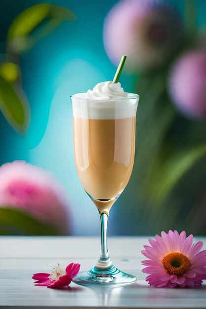 A glass of latte coffee with a flower on the table