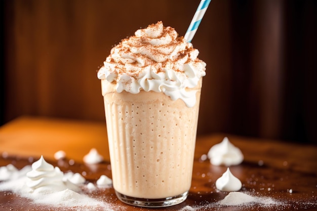 A glass of a latte drink with a straw and a blue and white straw.