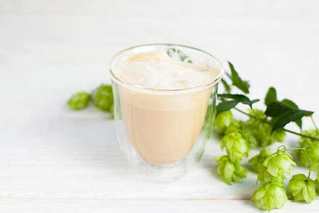 Bicchiere di latte con un rametto di luppolo su bianco