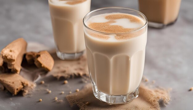 a glass of latte with a sticker on it