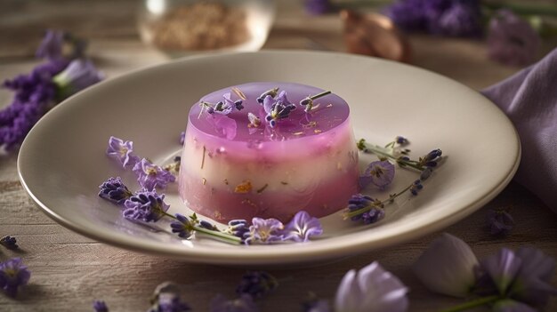 A glass of lavender jelly with lavender flowers on top.