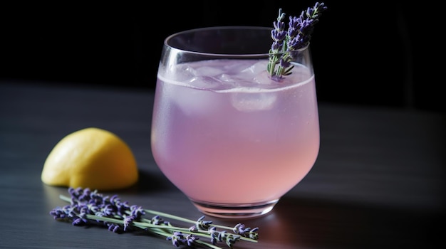 A glass of lavender lemonade sits on a black table with a lemon next to it.