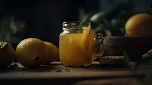 레몬 주스 한 잔이 배경에 녹색 레몬이 있는 테이블 위에 놓여 있습니다.