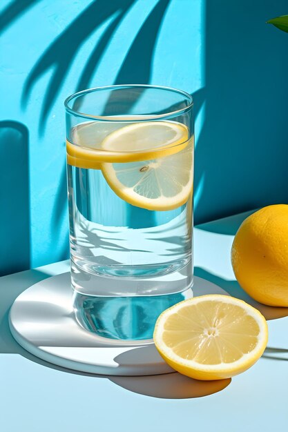 A glass of lemon water next to a blue background