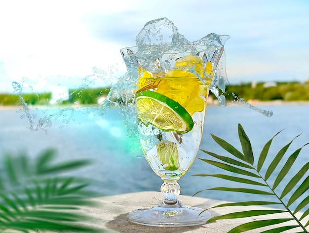 Foto bicchiere di acqua di limone e spruzzata sul tavolo da spiaggia alla luce del sole del mare blu pianta di foglie di palma