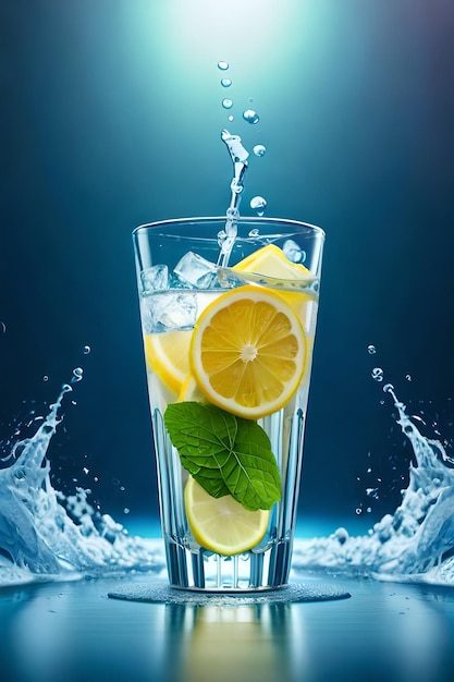 얼음과 레몬 조각이 있는 레몬 물 한 잔