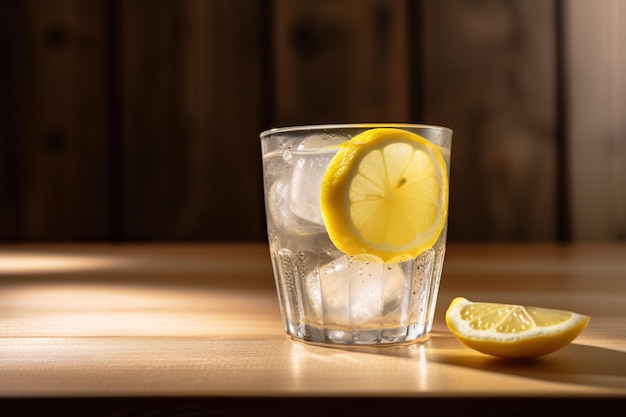 A glass of lemon water with ice on a wooden table.