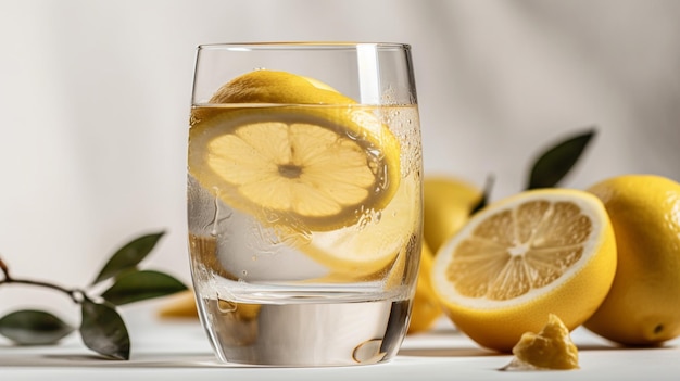 A glass of lemon water with lemons on the side