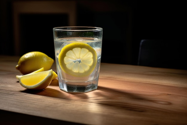 A glass of lemon water with lemons on a wooden table.