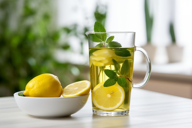 Foto un bicchiere di limonata e una tazza di tè.