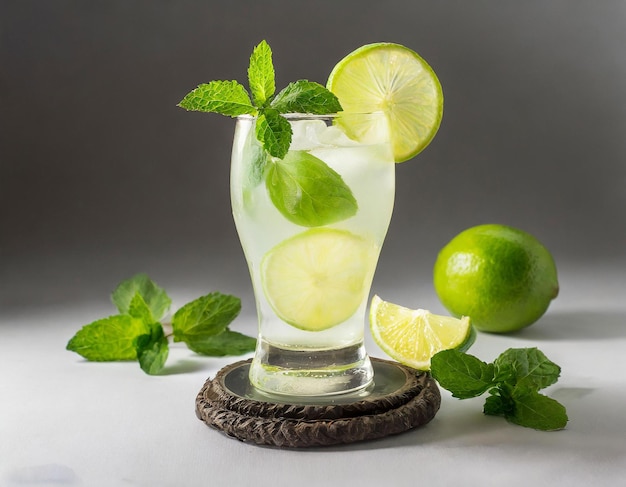 Foto a glass of lemonade drink with a lime slice and mint leaves