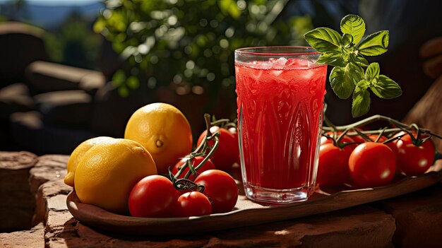 a glass of lemonade is filled with fresh fruit and vegetables.