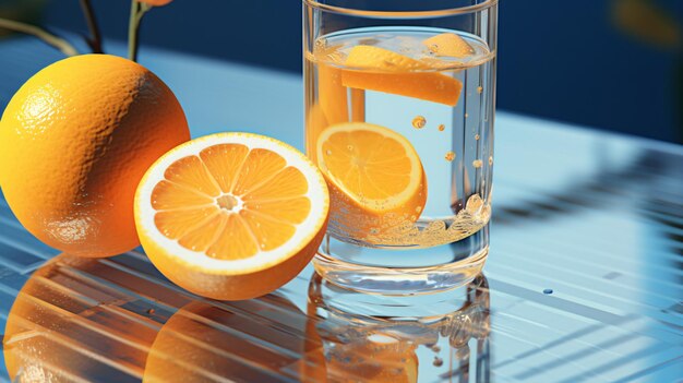 A glass of lemonade and oranges on a table