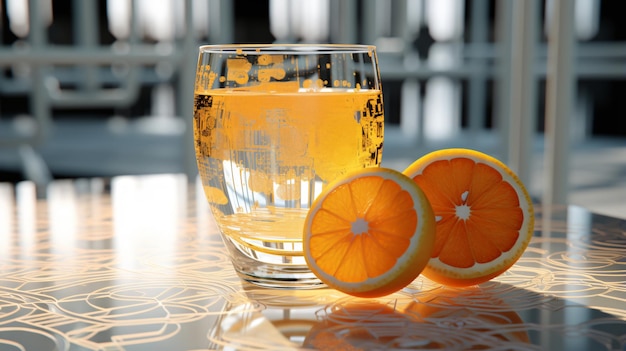A glass of lemonade and oranges on a table