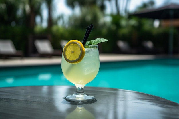 A glass of lemonade next to a pool with a straw and a pool in the background