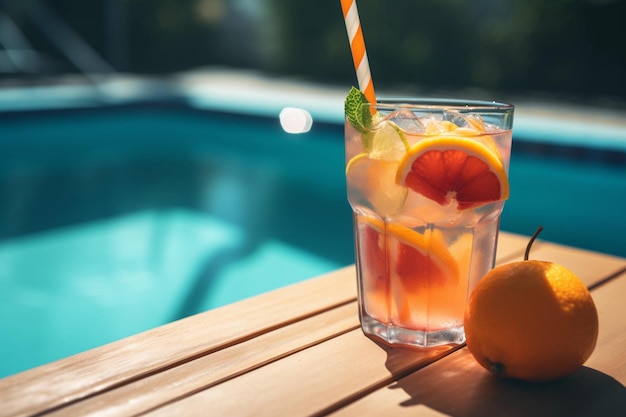 A glass of lemonade next to a pool