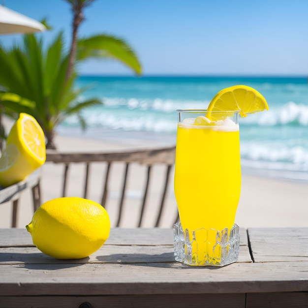 A glass of lemonade sits on a table next to a beach.