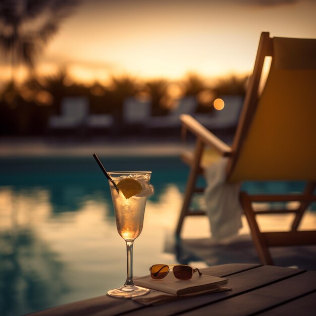 Foto un bicchiere di limonata si trova su un tavolo accanto a una piscina.