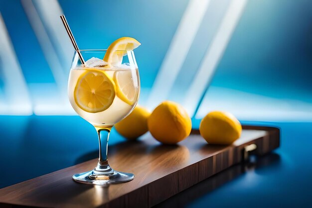 A glass of lemonade sits on a table with a blue background