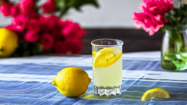 A glass of lemonade sits on a table with a lemon on the table