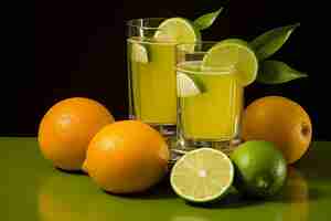 Photo a glass of lemonade next to two glasses of orange juice