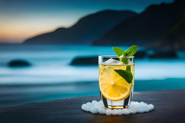 A glass of lemonade with a blue background and a mountain in the background.