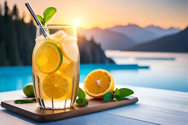 a glass of lemonade with a bottle of lemonade on a table.