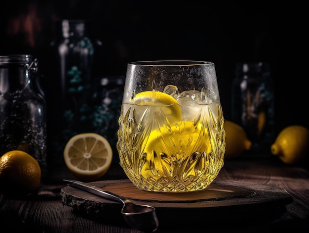A glass of lemonade with a dark background