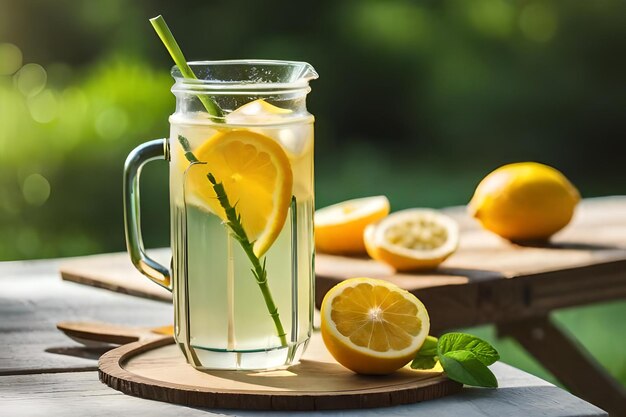 A glass of lemonade with a green leaf on the top