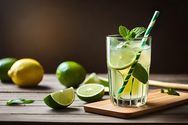 A glass of lemonade with a green straw next to it.