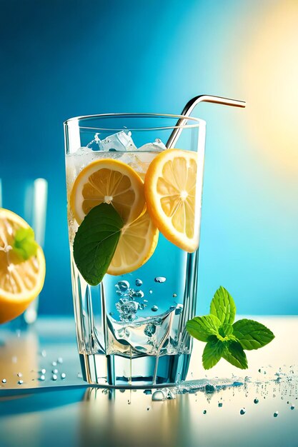 A glass of lemonade with ice and lemon slices on a blue background