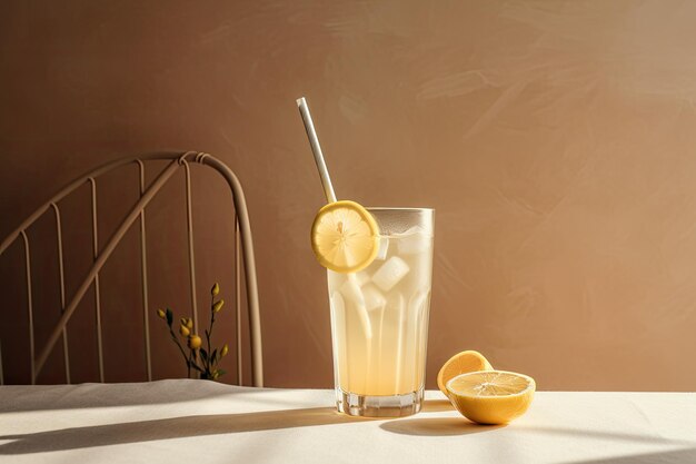 A glass of lemonade with ice and a lemon