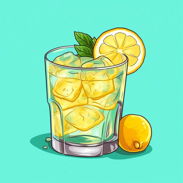 A glass of lemonade with ice and a slice of lemon on the bottom.