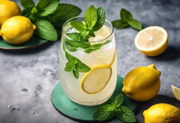 a glass of lemonade with lemon slices and mint leaves