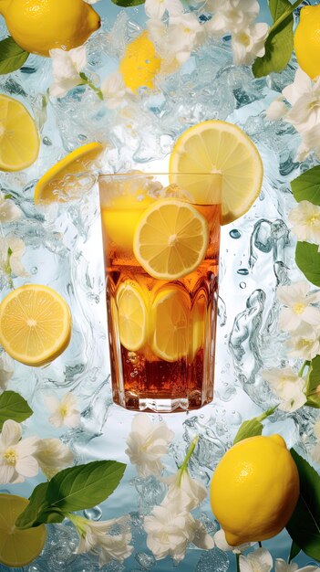 A glass of lemonade with lemon slices on a table