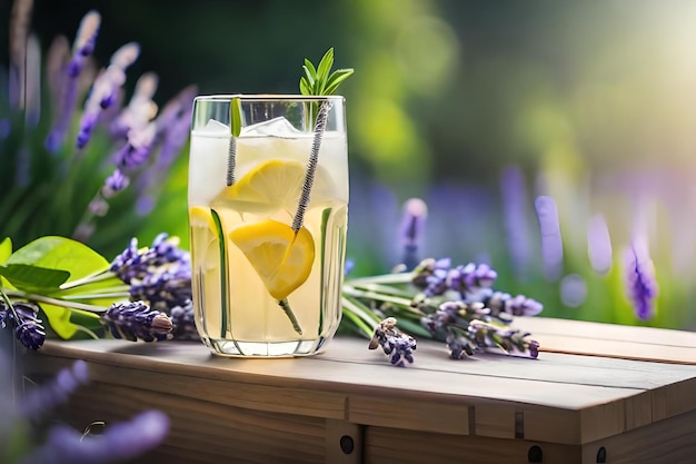 A glass of lemonade with a lemon on a wooden table