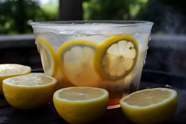 A glass of lemonade with lemons on it