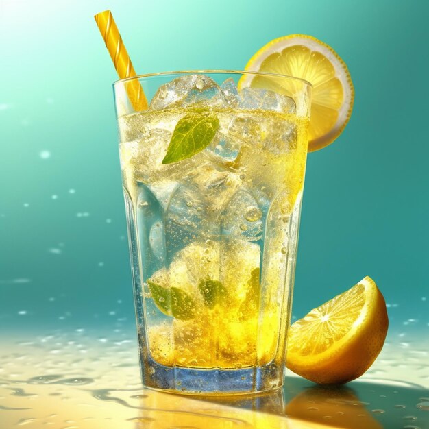 a glass of lemonade with lemons and limes on a table.