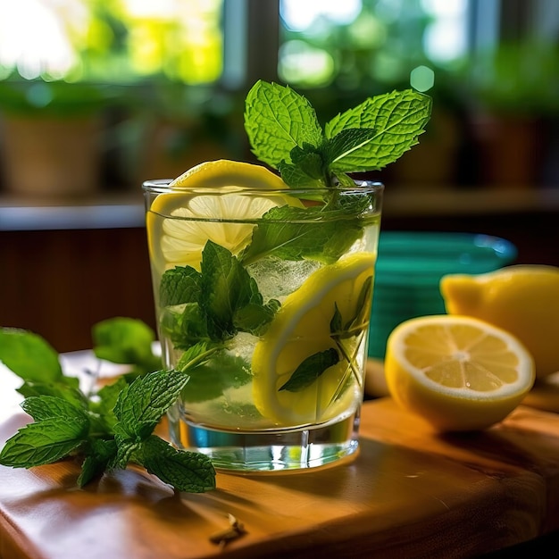 A glass of lemonade with lemons and mint leaves on a wooden board.
