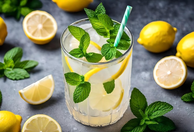 a glass of lemonade with lemons and mint leaves