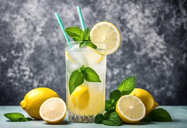 a glass of lemonade with lemons and mint leaves