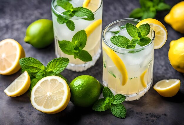 Foto un bicchiere di limonata con limoni e foglie di menta